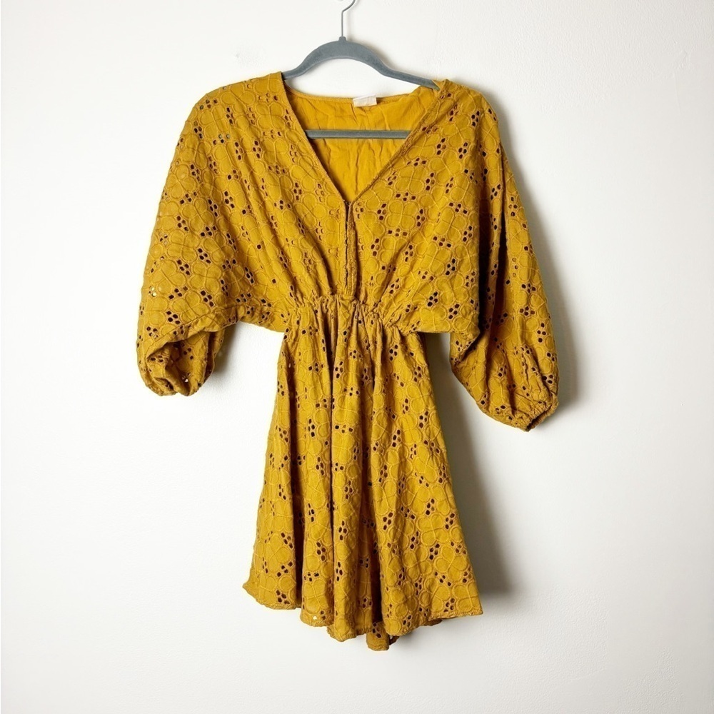 BY TOGETHER • Women’s Golden Boho Eyelet Balloon Sleeve Cinched Waist Mini Dress